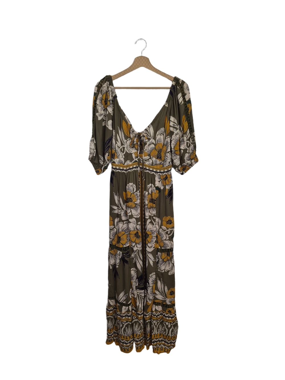 Angie Olive Floral Maxi Dress Puff Sleeve Boho L